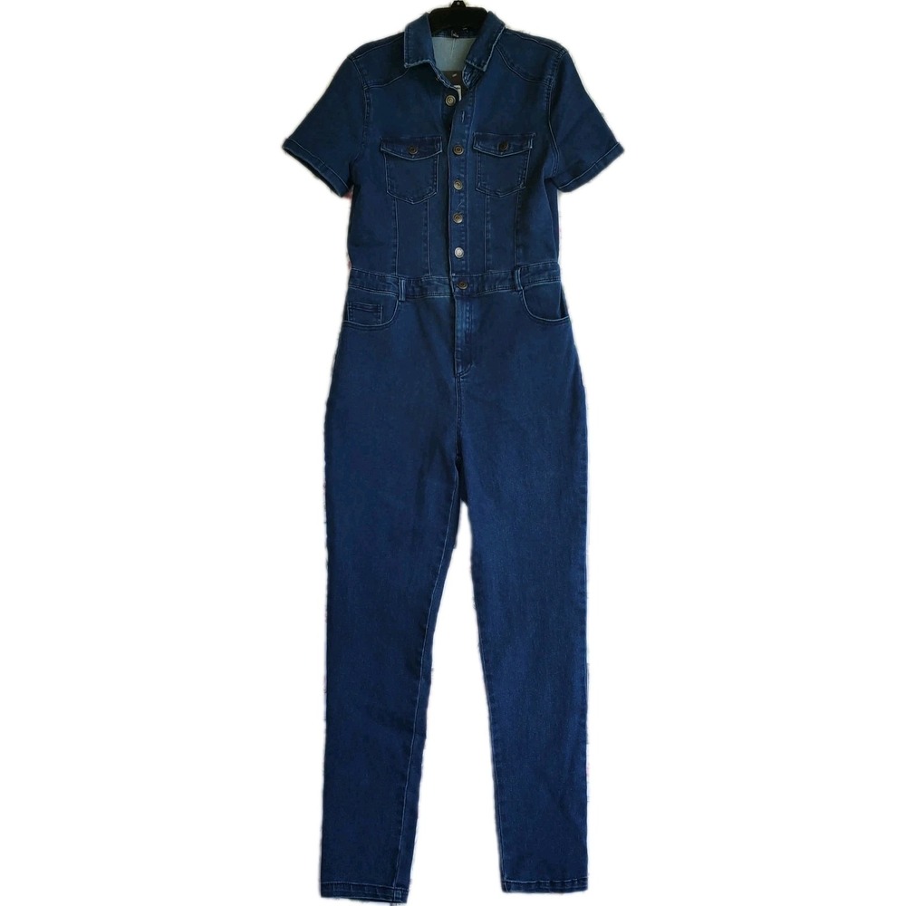 NWT Fashion Nova Women's Blue Denim Jean Short Sleeve Utility Jumpsuit Sz L